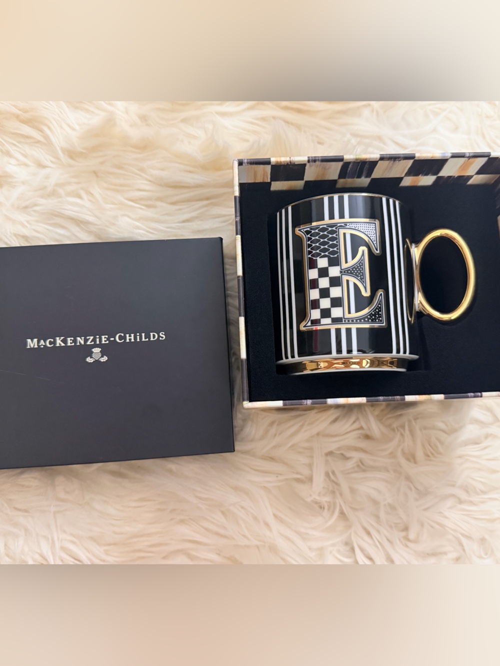 MacKenzie-Childs Black & Gold Monogram 'E' Mug